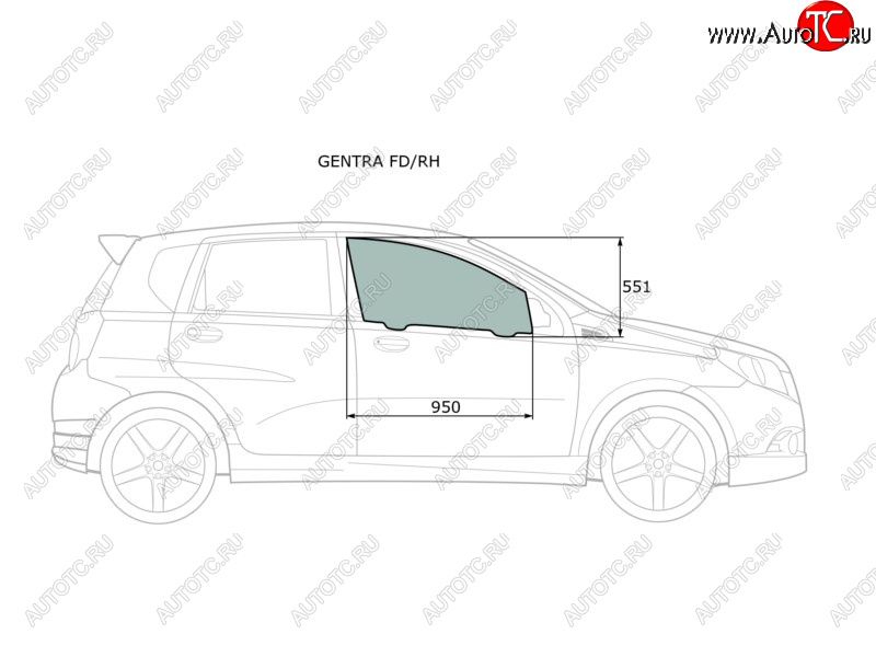 Стекло боковое опускное (Спереди Справа Цвет зеленый) Chevrolet Aveo 02-11  Kalos 03-08  Nexia 2 GENTRA FD/RH