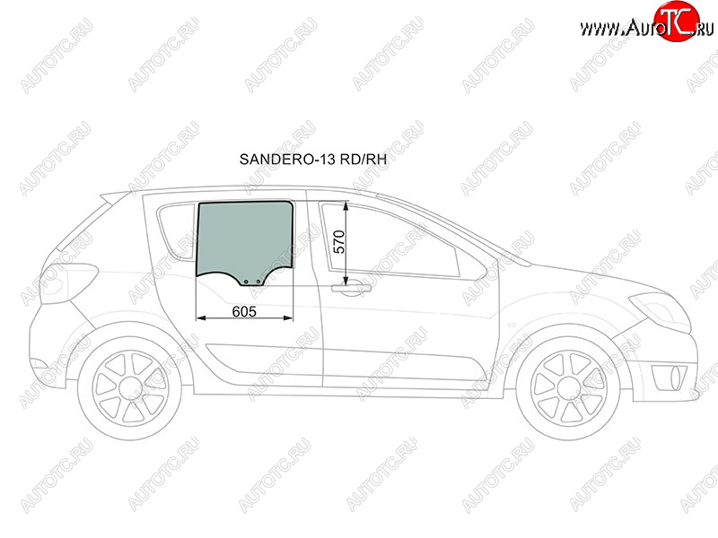 Стекло боковое опускное (Сзади Справа Цвет зеленый) Renault Logan 14-  Sandero 14-  Dacia Logan SANDERO-13 RD/RH