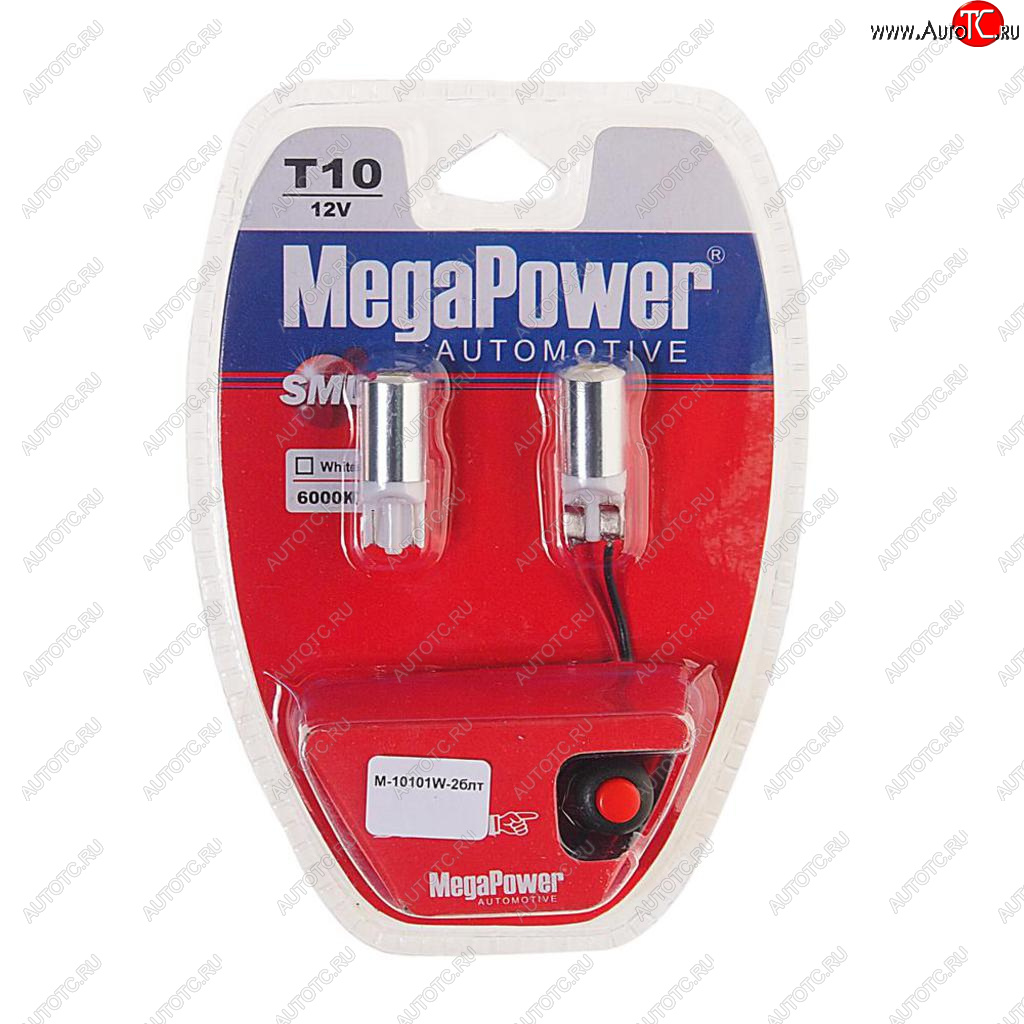 Лампа светодиодная 12V W5W T10 W2.1x9.5d 6000K с тестером блистер (2шт.) MEGAPOWER 10101w-2блт