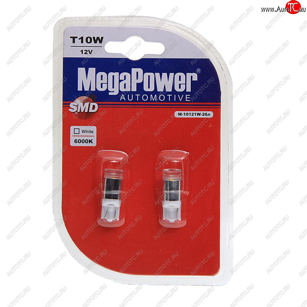 Лампа светодиодная 12V W5W T10 W2.1x9.5d 6000K блистер (2шт.) MEGAPOWER 10121w-2бл