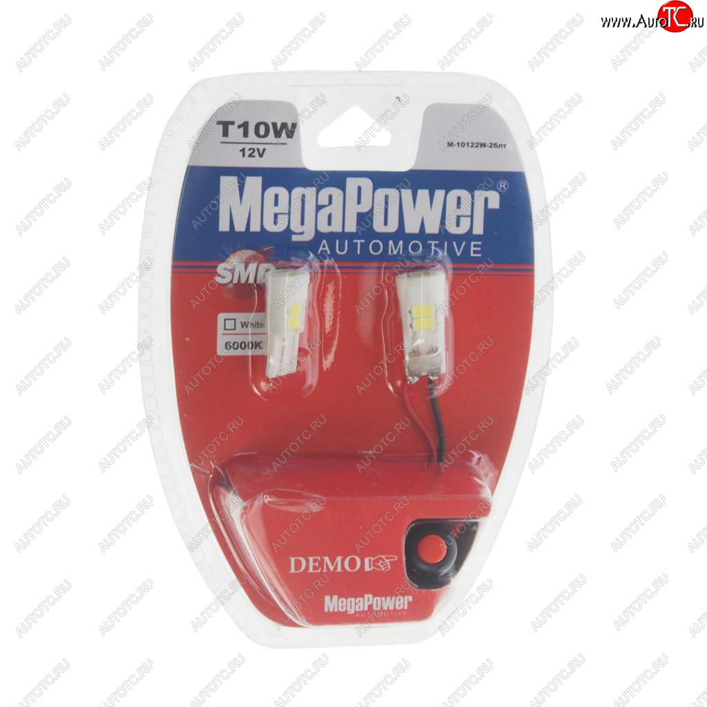 Лампа светодиодная 12V W5W T10 W2.1x9.5d 6000K 6 LED блистер (2шт.) MEGAPOWER 10122w-2блт