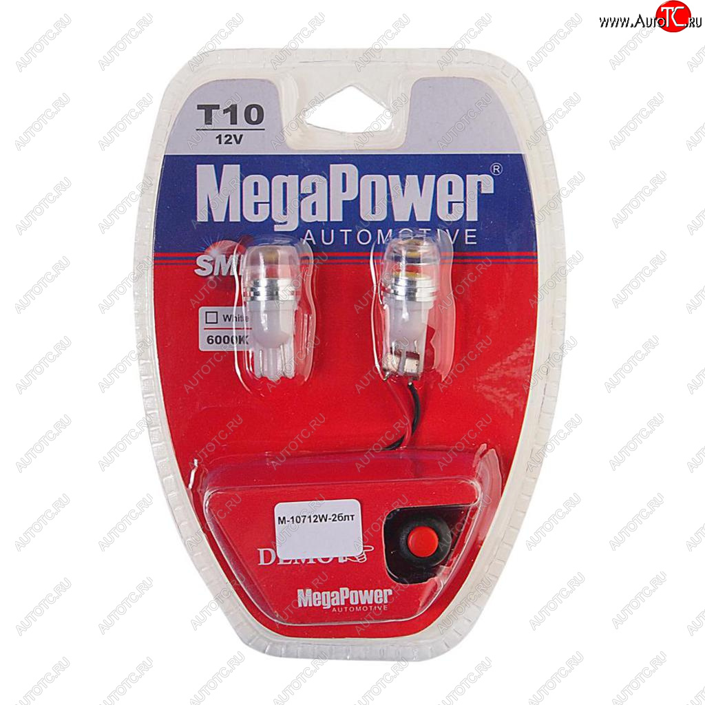 Лампа светодиодная 12V W5W T10 W2.1x9.5d 6000K с тестером блистер (2шт.) MEGAPOWER 10712w-2блт