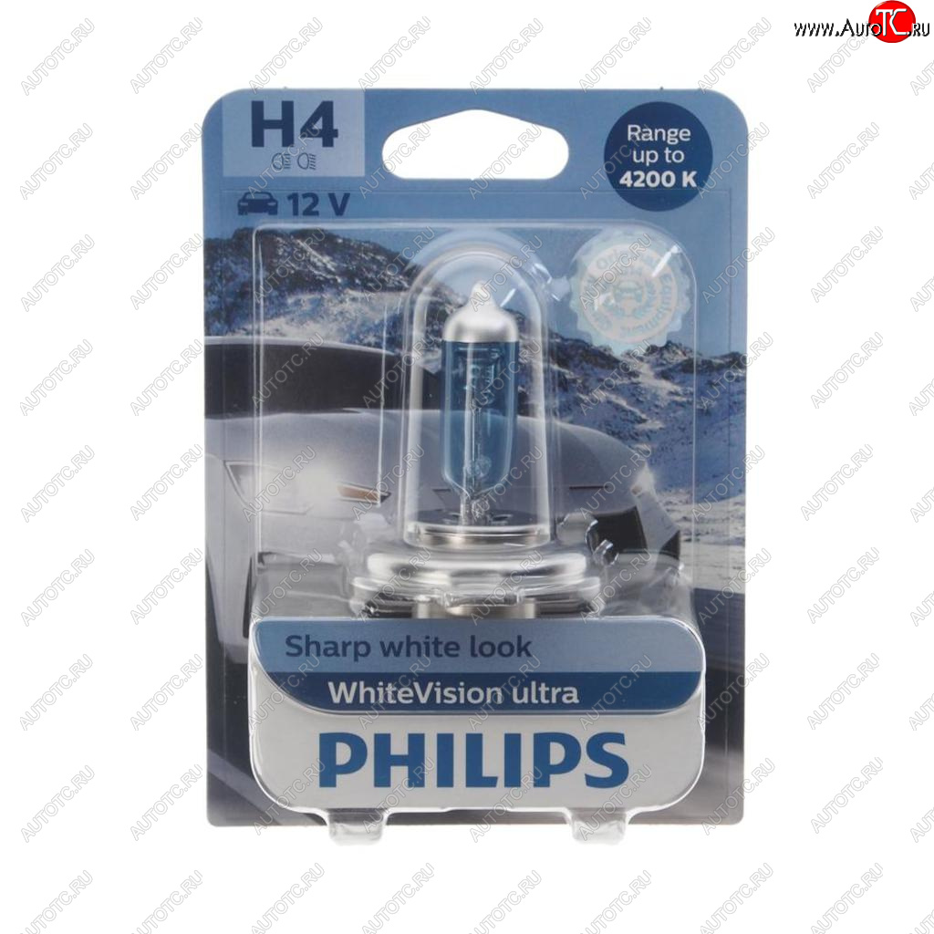 Лампа 12V H4 6055W P43t-38 4200K блистер (1шт.) White Vision Ultra PHILIPS 12342wvuбл