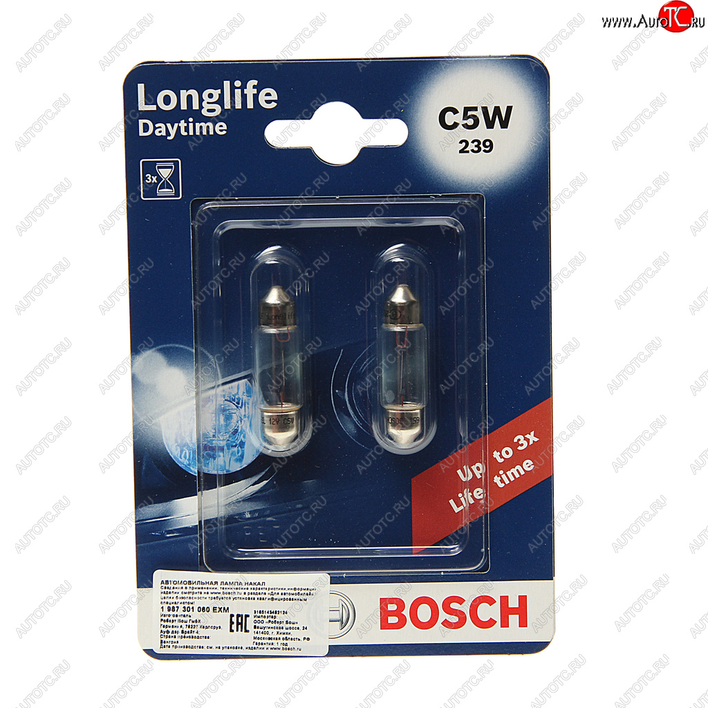 Лампа 12V C5W SV8.5-8 (2шт.) Longlife Daytime BOSCH 1987301060