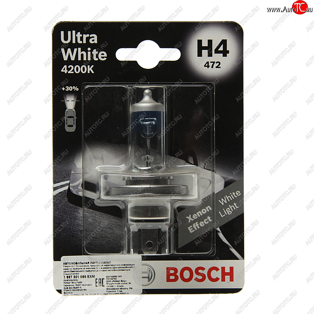 Лампа 12V H4 6055W P43t блистер (1шт.) Ultra White BOSCH 1987301089