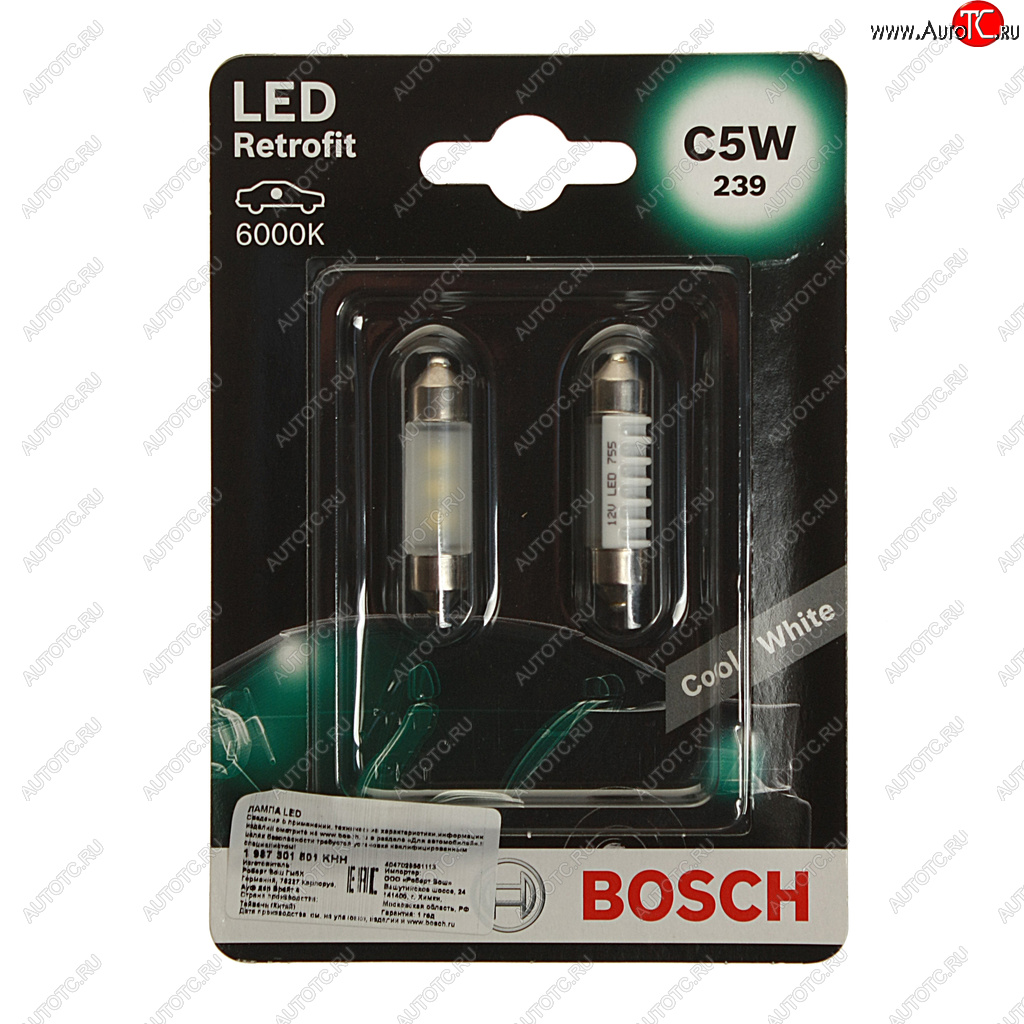 Лампа светодиодная 12V C5W SV8.5-8 двухцокольная блистер (2шт.) LED Retrofit BOSCH 1987301501