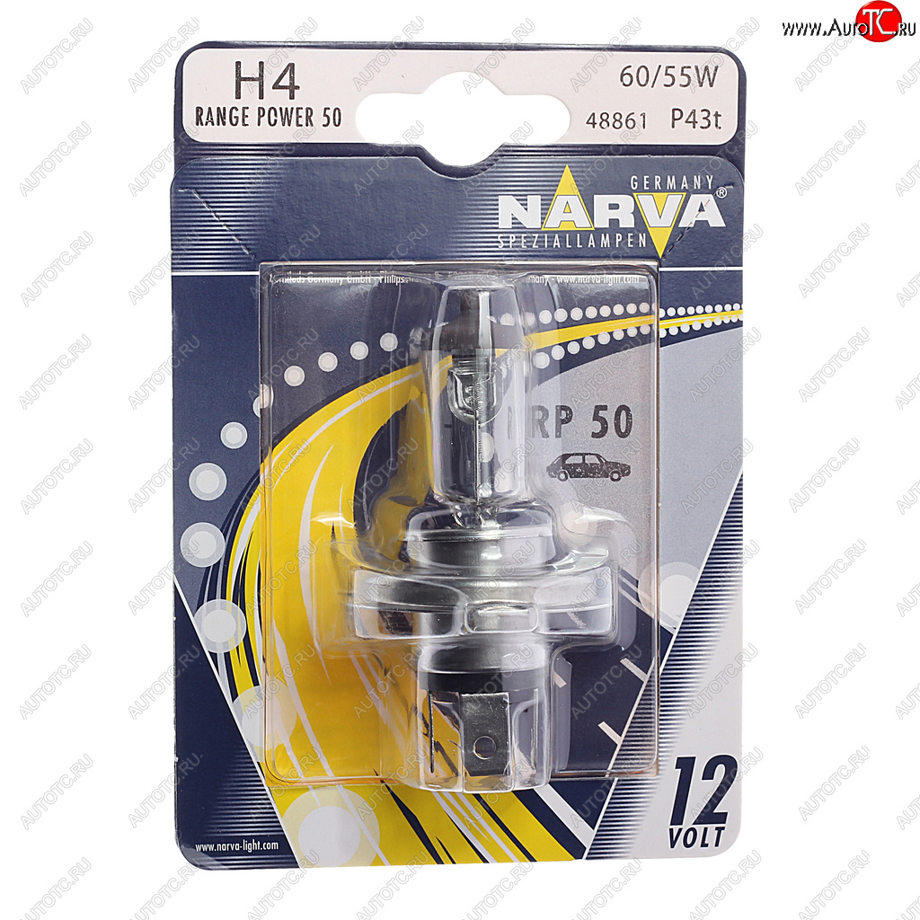 Лампа 12V H4 60/55W P43t-38 +50% блистер (1шт.) Range Power 50+ NARVA NARVA 488614000 488614000