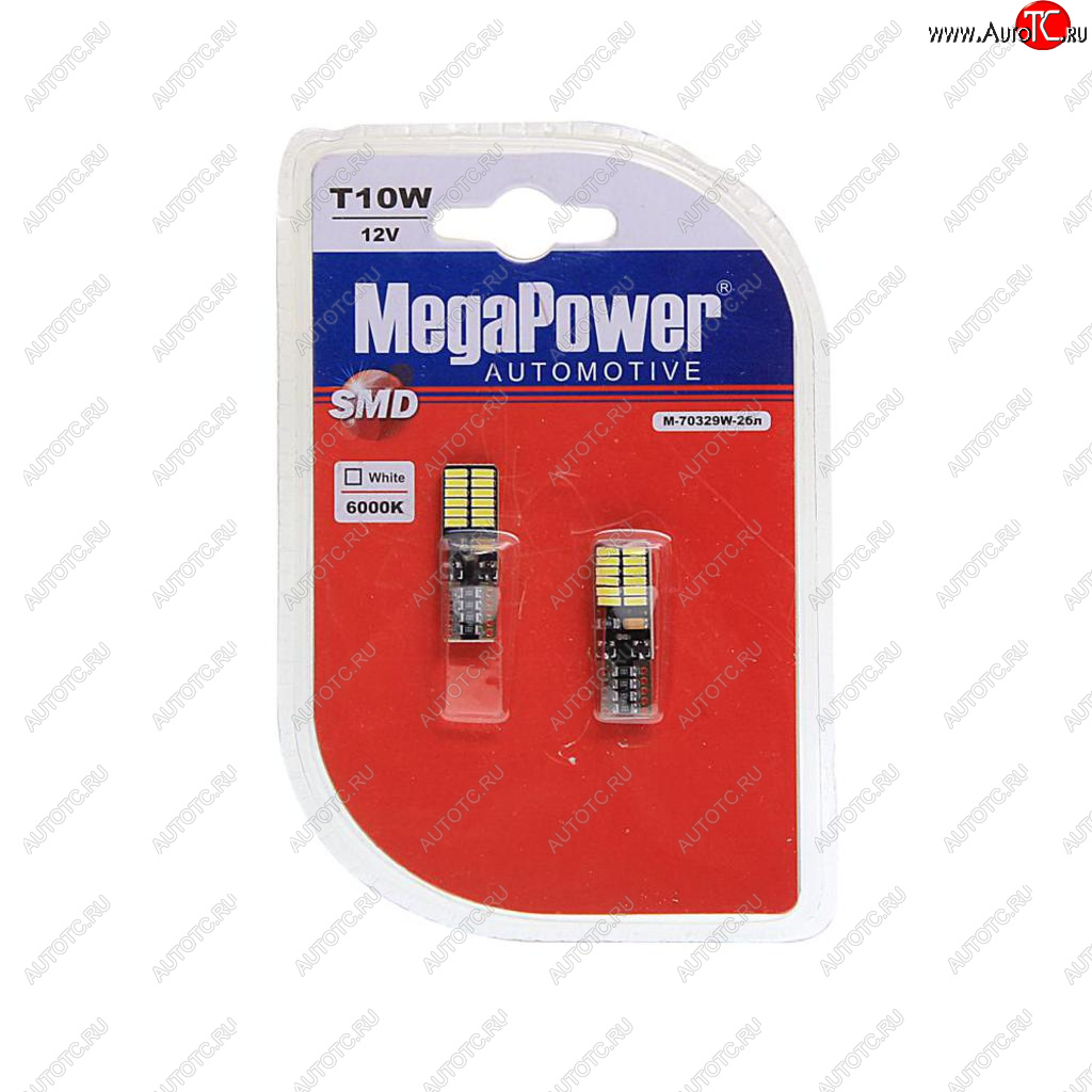 Лампа светодиодная 12V W5W T10 W2.1x9.5d 6000K 24 LED блистер (2шт.) MEGAPOWER 70329w-2бл