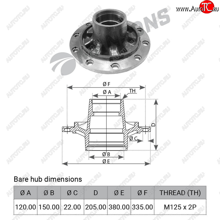 Ступица BPW колеса оси SN42,HSHZ,10-12т (под подшипники 33118,33213,380х280.8х205 M125х2) MANSONS 300.540