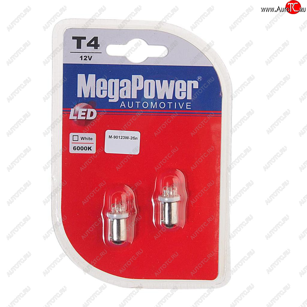 Лампа светодиодная 12V T4W BA9s 6000K 4 светодиода блистер (2шт.) MEGAPOWER 90123w-2бл