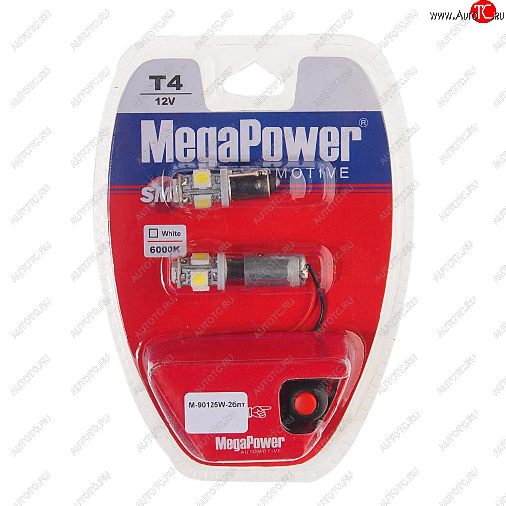 Лампа светодиодная 12V T4W BA9s 6000K 5 светодиодов блистер (2шт.) с тестером MEGAPOWER 90125w-2блт