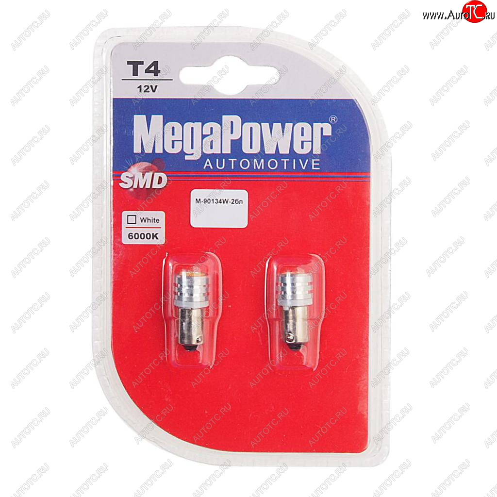 Лампа светодиодная 12V T4W BA9s 6000K блистер (2шт.) MEGAPOWER 90134w-2бл