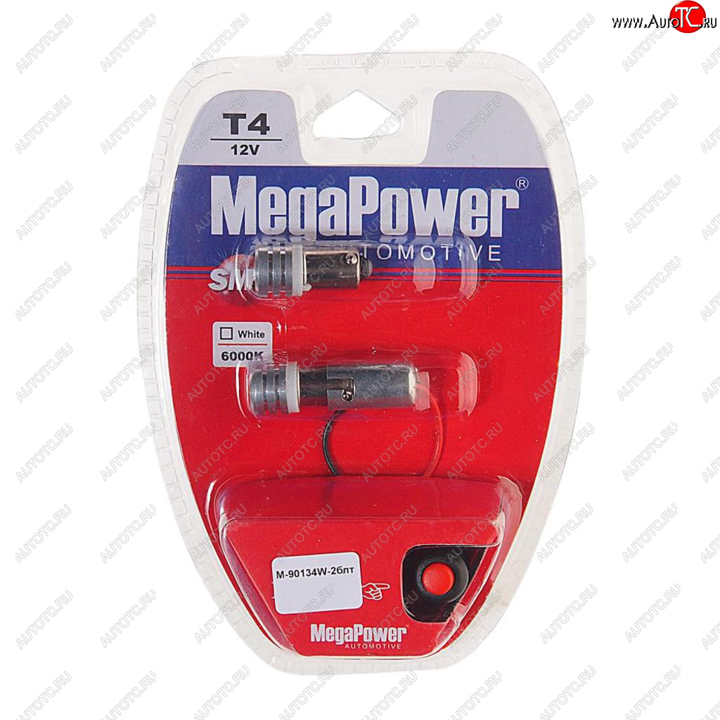 Лампа светодиодная 12V T4W BA9s 6000K блистер (2шт.) с тестером MEGAPOWER 90134w-2блт