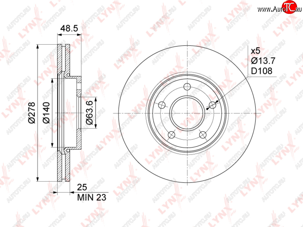 Диск тормозной FORD Focus 2,C-Max MAZDA 3 передний (1шт.) LYNX bn1024