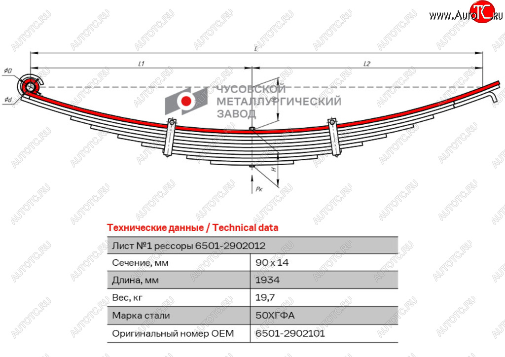 Лист рессоры МАЗ-6501 передней №1 с втулкой L=1950мм ЧМЗ ЧМЗ 6501-2902101 6501-2902101
