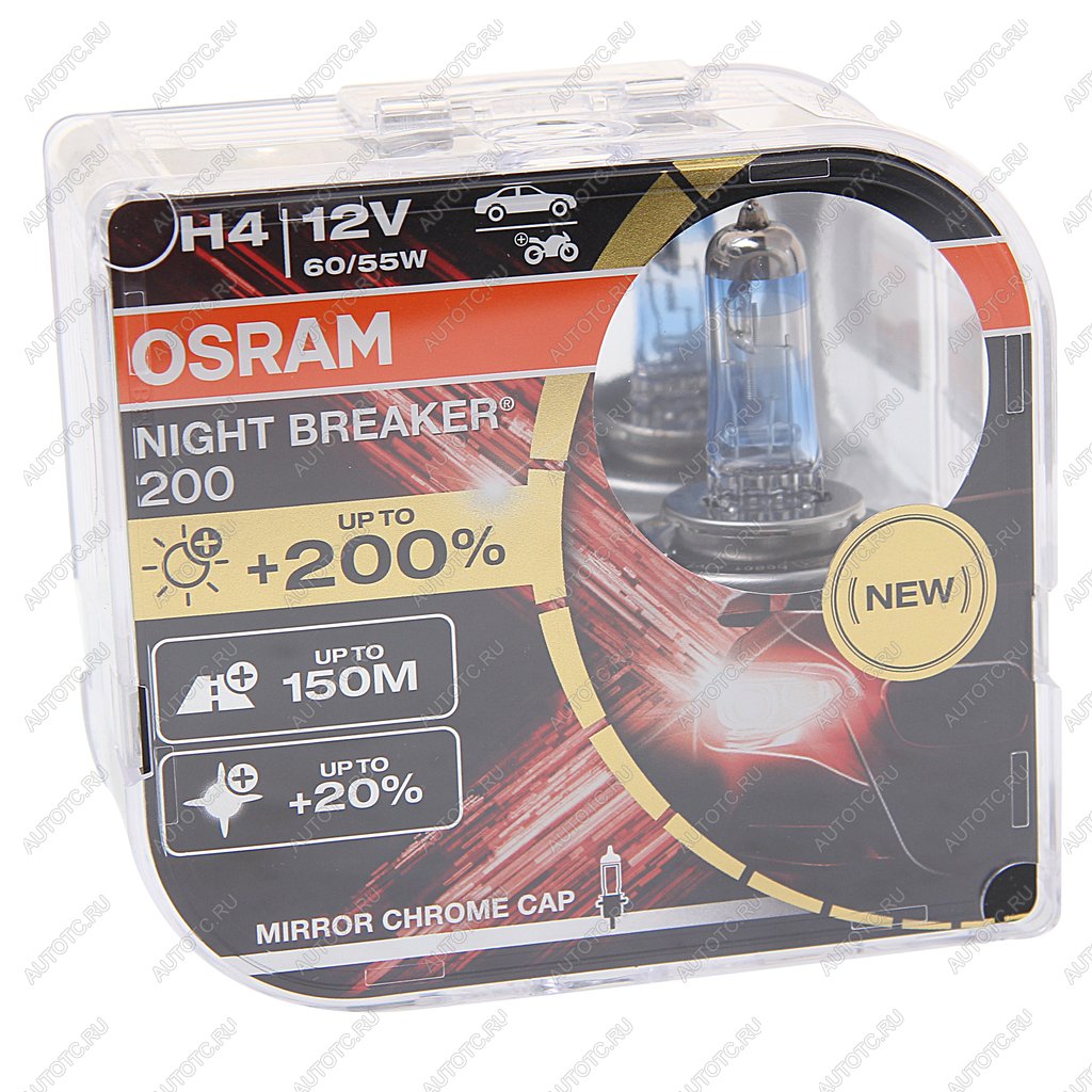 Лампа 12V H4 6055W P43t +200% 4050К бокс (2шт.) Night Breaker 200 OSRAM 64193nb200-hcb