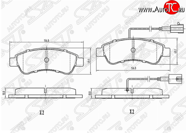 1 059 р. Комплект задних тормозных колодок SAT (с датчиком износа) Peugeot Boxer 250 (2006-2014)