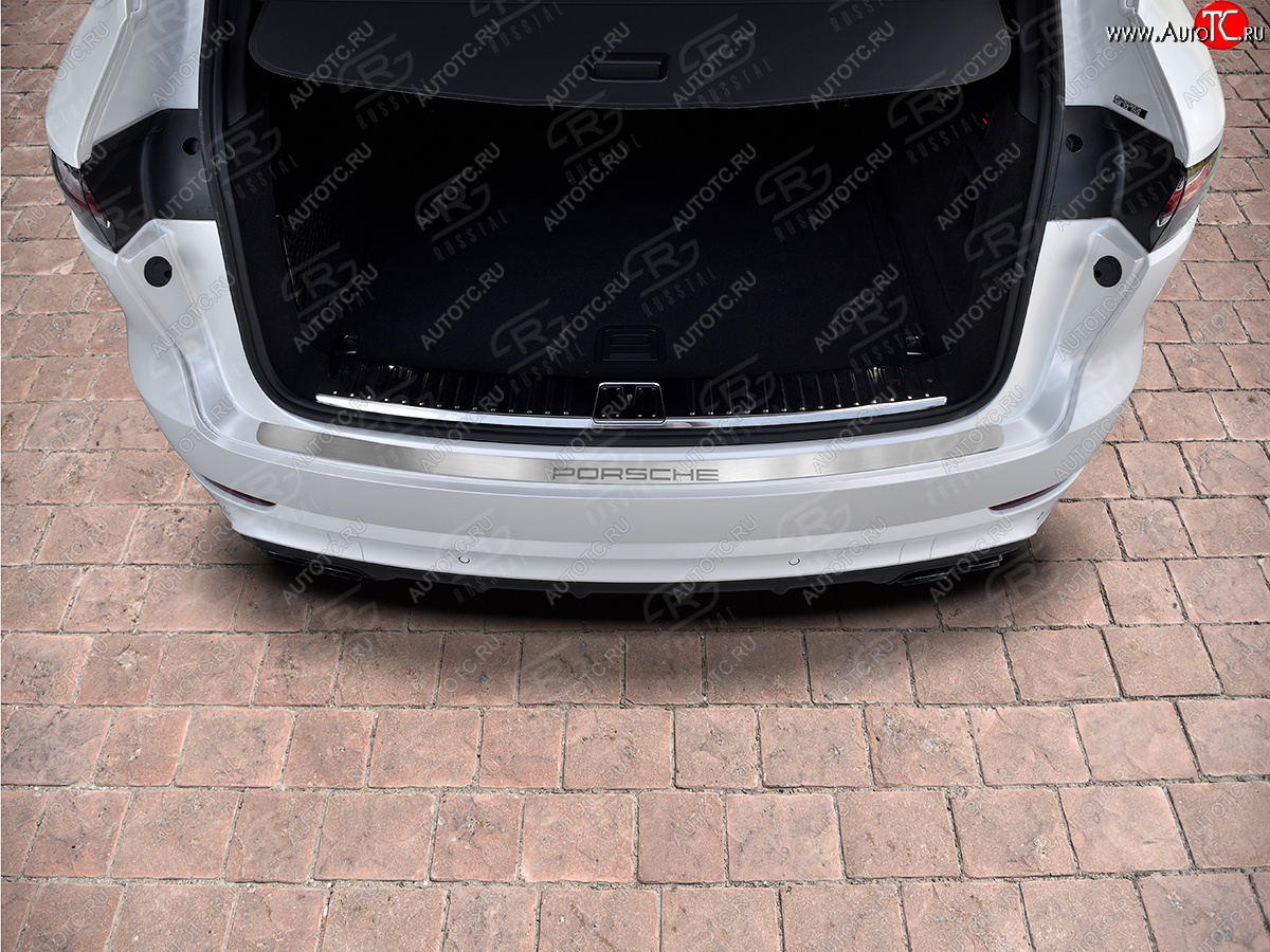 2 249 р. Защитная накладка заднего бампера на Russtal  Porsche Cayenne  PO536 (2018-2024) (Нержавейка шлифованная с надписью)