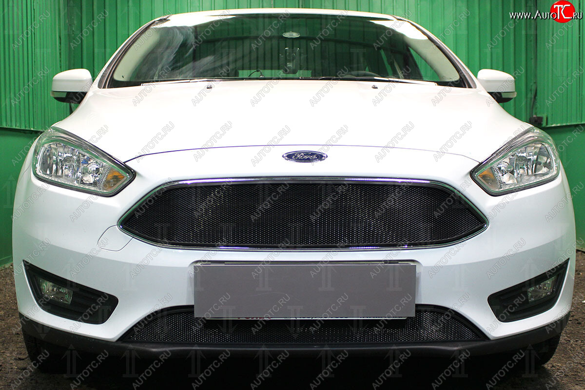 2 969 р. Защитная сетка в бампер (верх, ячейка 3х7 мм, кроме компл.Titanium) Alfeco Стандарт Ford Focus 3 седан рестайлинг (2014-2019) (Чёрная)