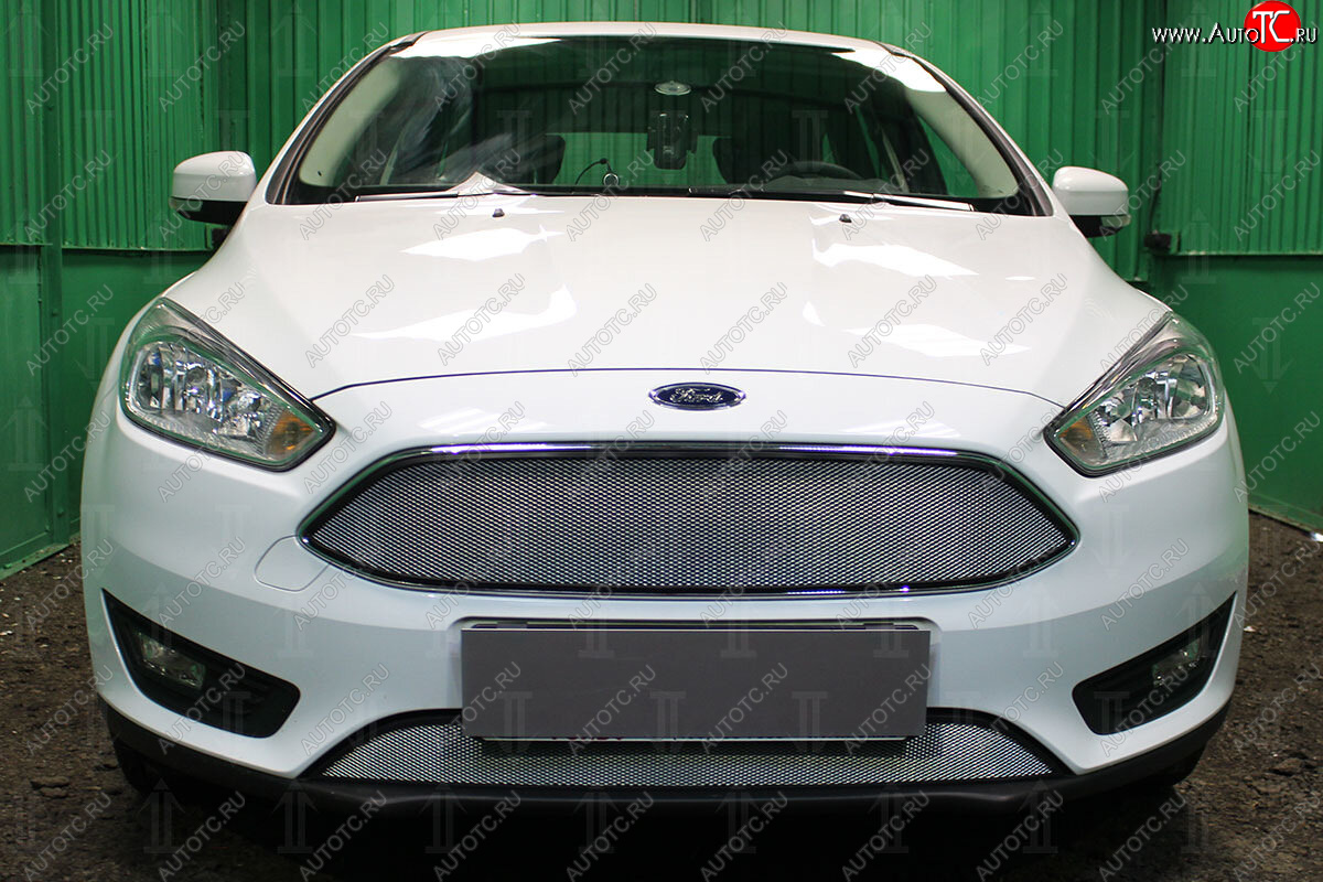 3 099 р. Защитная сетка в бампер (верх, ячейка 3х7 мм, кроме компл.Titanium) Alfeco Стандарт  Ford Focus  3 (2014-2019) (Хром)