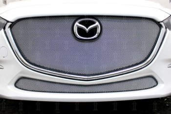 4 099 р. Защитная сетка в бампер (верх, ячейка 3х7 мм, без рамки под номер) Alfeco Стандарт  Mazda 3/Axela  BM (2016-2019) (Хром). Увеличить фотографию 4