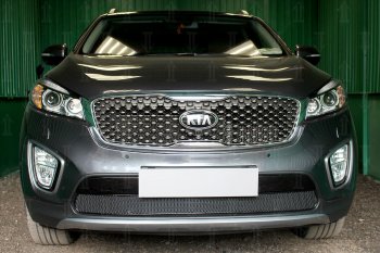 Защитная сетка в бампер (низ, ячейка 4х10 мм) Alfeco Премиум KIA Sorento UM/Prime дорестайлинг (2014-2018)  (Чёрная)