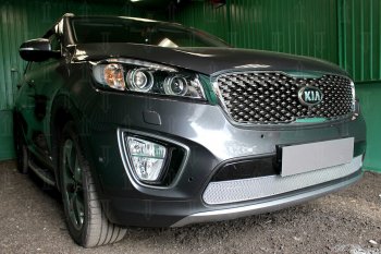 4 499 р. Защитная сетка в бампер (низ, ячейка 4х10 мм) Alfeco Премиум KIA Sorento UM/Prime дорестайлинг (2014-2018) (Хром). Увеличить фотографию 2