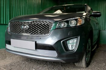 4 499 р. Защитная сетка в бампер (низ, ячейка 4х10 мм) Alfeco Премиум KIA Sorento UM/Prime дорестайлинг (2014-2018) (Хром). Увеличить фотографию 3