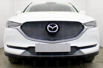 Защитная сетка в бампер (верх, 3D, ячейка 4х10 мм) Alfeco Премиум Mazda CX-5 KF (2016-2024)  (Чёрная)