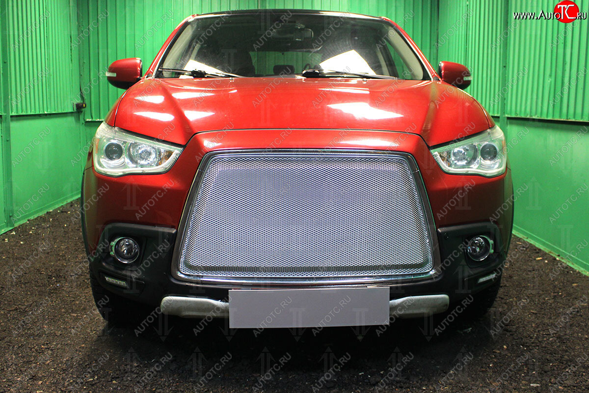 8 349 р. Защитная сетка в бампер (3D, ячейка 4х10 мм) Alfeco Премиум  Mitsubishi ASX (2010-2012) (Хром)