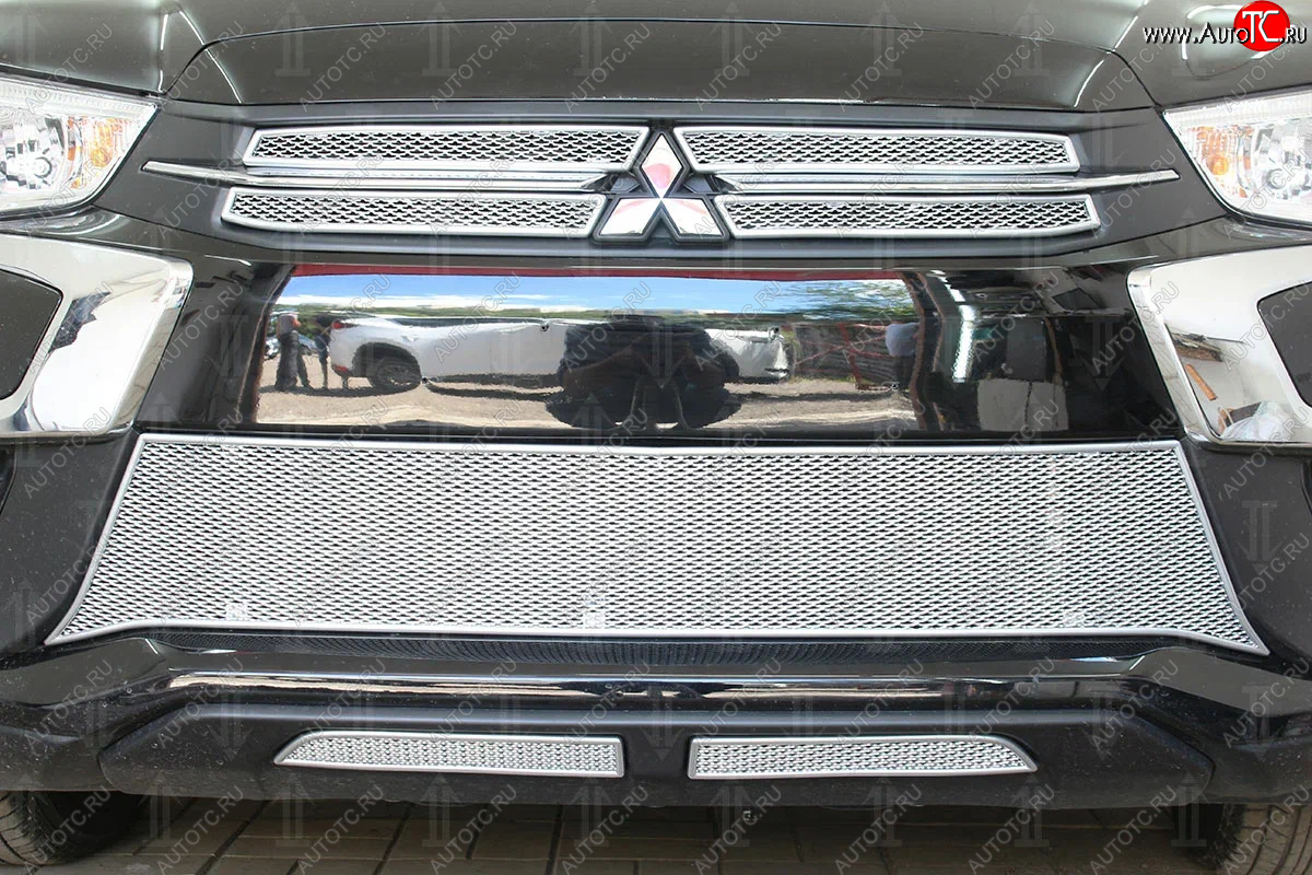 5 899 р. Защитная сетка в бампер (низ, 2 части, ячейка 4х10 мм) Alfeco Премиум Mitsubishi ASX 2-ой рестайлинг (2017-2020) (Хром)