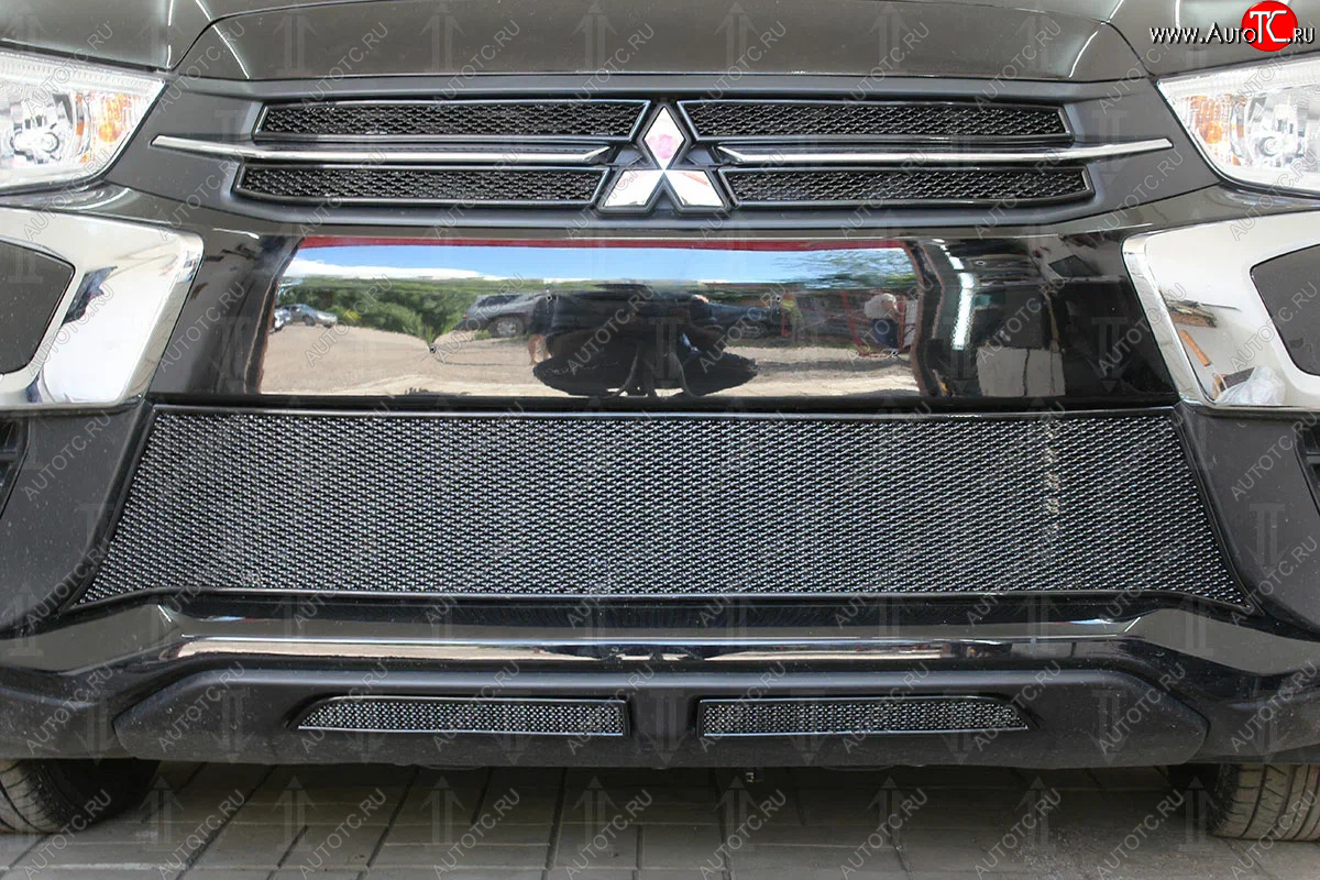 10 899 р. Защитная сетка в бампер (верх, 4 части, ячейка 4х10 мм) Alfeco Премиум  Mitsubishi ASX (2017-2020) (Чёрная)