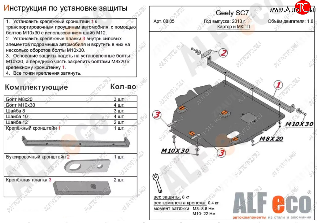4 699 р. Защита картера двигателя и КПП (V-1,8) ALFECO Geely SC7 (2013-2024) (Сталь 2 мм)
