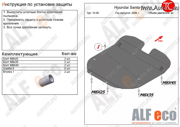 10 999 р. Защита картера двигателя и КПП Alfeco  Hyundai Santa Fe  2 CM (2006-2012) (Алюминий 3 мм)