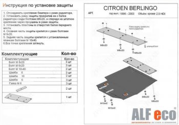 13 199 р. Защита картера двигателя и КПП (кроме 2,0 HDI) ALFECO  CITROEN Berlingo  M49 (1996-2003) (Алюминий 4 мм). Увеличить фотографию 1