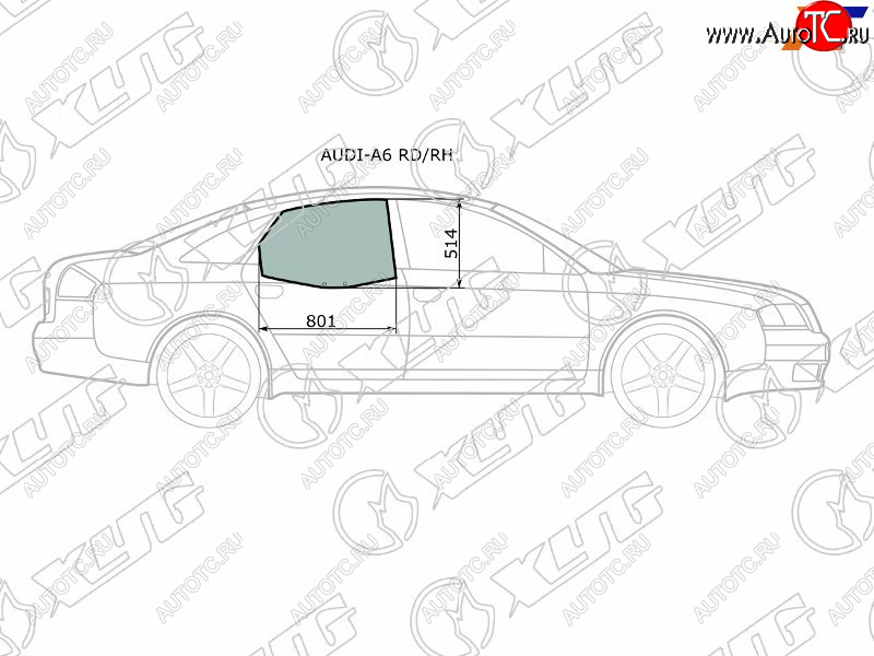 1 959 р. Стекло боковое опускное (Сзади Справа Цвет зеленый) Audi A6 97-05  S6 99-04 (AUDI-A6 RD/RH)