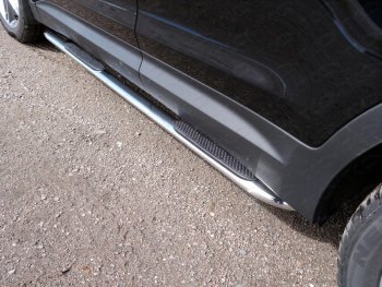 Пороги овальные гнутые с накладкой 75х42 мм Hyundai (Хюндаи) Grand Santa Fe (гранд)  1 DM (2016-2018) 1 DM рестайлинг  (серые)