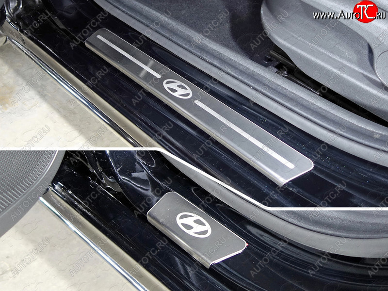 3 099 р. Накладки на пороги, ТСС Тюнинг  Hyundai Solaris ( 1 седан,  1 хэтчбэк) (2014-2017) (лист шлифованный логотип Hyundai)