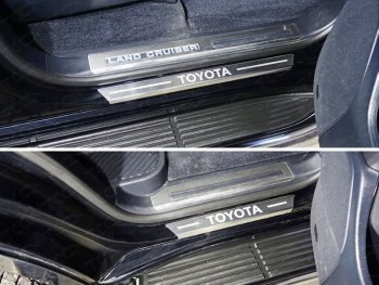 5 199 р. Накладки на пороги с гибом, ТСС Тюнинг  Toyota Land Cruiser  200 (2015-2021) (лист шлифованный надпись Toyota). Увеличить фотографию 1