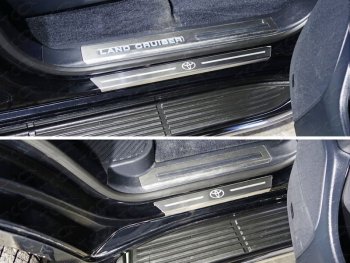 5 199 р. Накладки на пороги с гибом, ТСС Тюнинг  Toyota Land Cruiser  200 (2015-2021) (лист шлифованный логотип Toyota). Увеличить фотографию 1