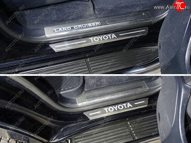 5 199 р. Накладки на пороги с гибом, ТСС Тюнинг  Toyota Land Cruiser  200 (2015-2021) (лист шлифованный надпись Toyota)