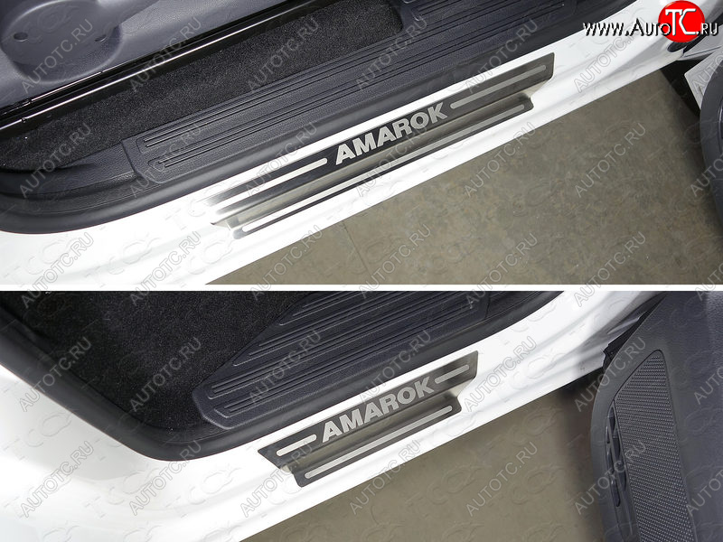 5 199 р. Накладки на пороги, ТСС Тюнинг  Volkswagen Amarok (2016-2022) (лист шлифованный надпись Amarok)