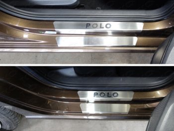 6 199 р. Накладки на пороги внешние и внутренние, ТСС Тюнинг  Volkswagen Polo  5 (2015-2020) (лист шлифованный надпись Polo). Увеличить фотографию 1