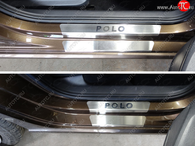 6 199 р. Накладки на пороги внешние и внутренние, ТСС Тюнинг  Volkswagen Polo  5 (2015-2020) (лист шлифованный надпись Polo)