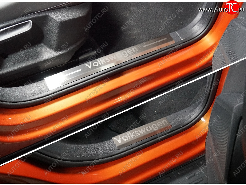 3 999 р. Накладки на пластиковые пороги, ТСС Тюнинг  Volkswagen Taos (2020-2022) (лист шлифованный надпись Volkswagen)