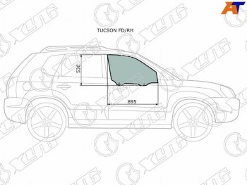 2 299 р. Стекло боковое опускное (Спереди Справа Цвет зеленый) Hyundai Tucson 04-09 (TUCSON FD/RH). Увеличить фотографию 1