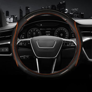 Оплетка руля (кожзам+карбон, 37-39 см) Автопилот BLW-006 Mazda CX-5 KE дорестайлинг (2011-2014)  (черный/оранж)