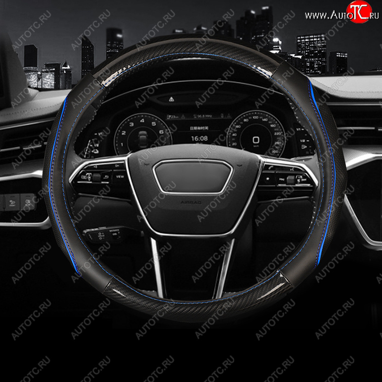 619 р. Оплетка руля (кожзам+карбон, 37-39 см) Автопилот BLW-006 Audi A5 8T дорестайлинг, купе (2007-2011) (черный/синий)