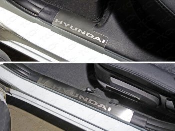 5 249 р. Накладки на порожки салона ТСС Тюнинг Hyundai Solaris 1 хэтчбэк RBr рестайлинг (2014-2017) (лист шлифованный, надпись Hyundai). Увеличить фотографию 1