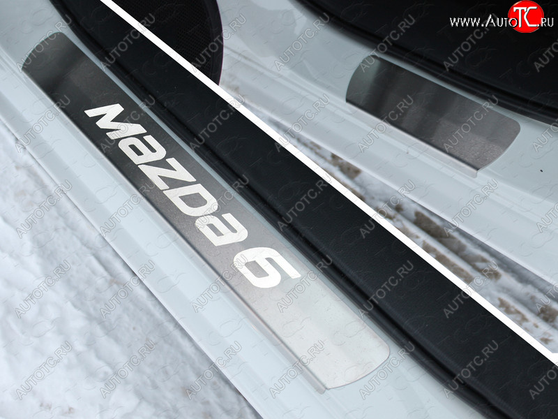 3 399 р. Накладки на порожки салона ТСС Тюнинг Mazda 6 GJ 1-ый рестайлинг седан (2015-2018) (лист шлифованный надпись Mazda)